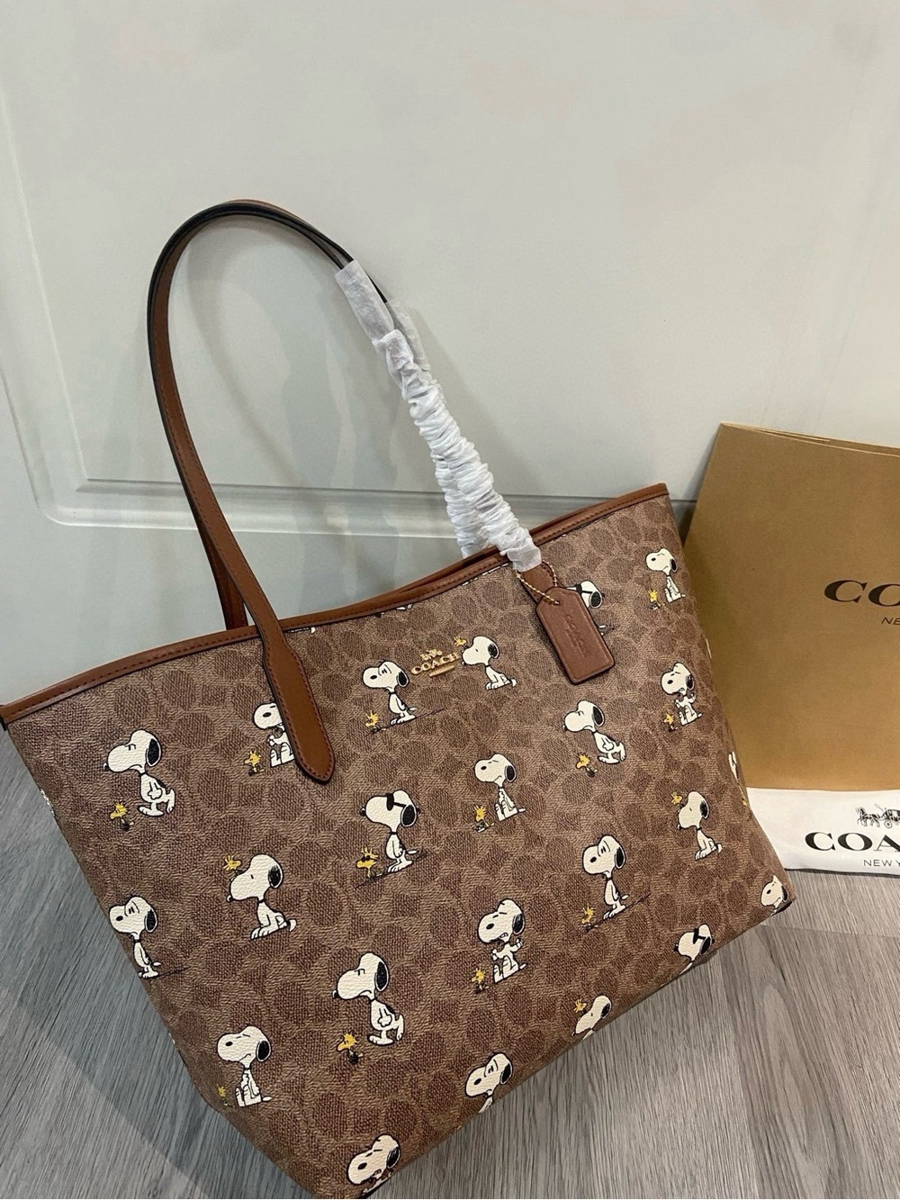 Coach Brown Snoopy Pattern Tote with Tan Leather Trim